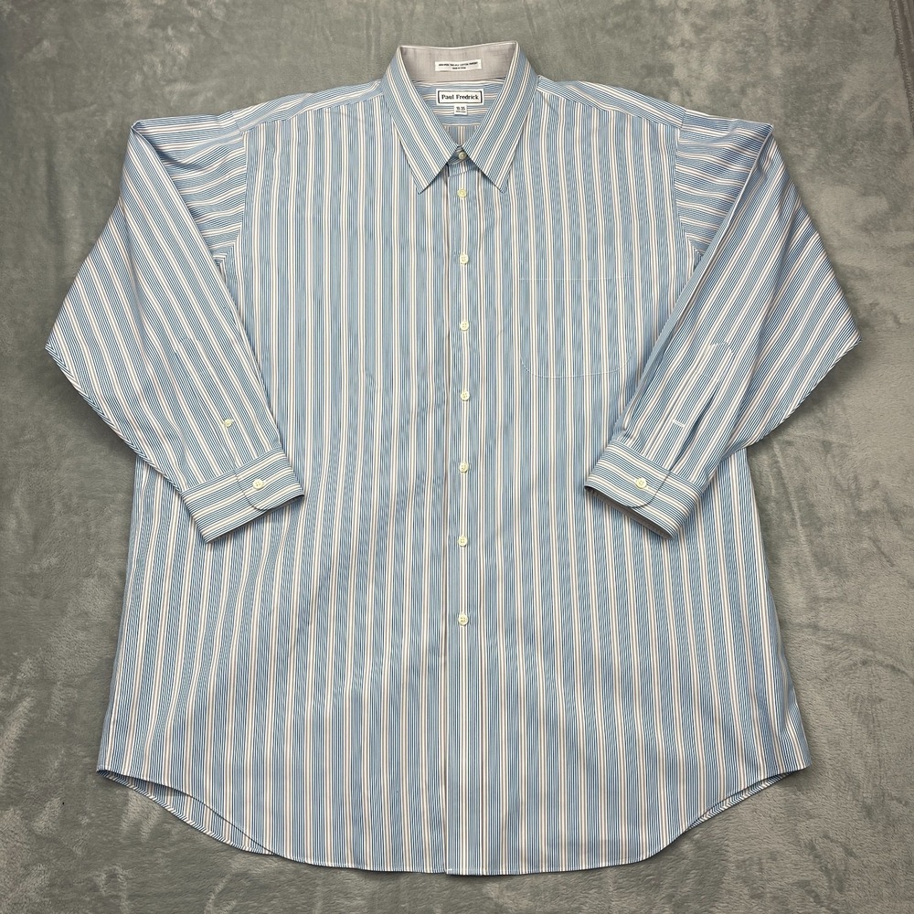 Paul Fredrick Dress Shirt Mens 19 Blue Gray Striped Non-Iron Formal Button Up